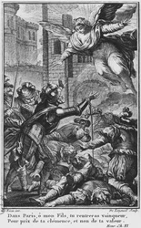 Assedio di Parigi, apparizione di San Luigi (1214-70) a Enrico IV (1553-1610) incisione di Joseph de Longueil, illustrazione da 